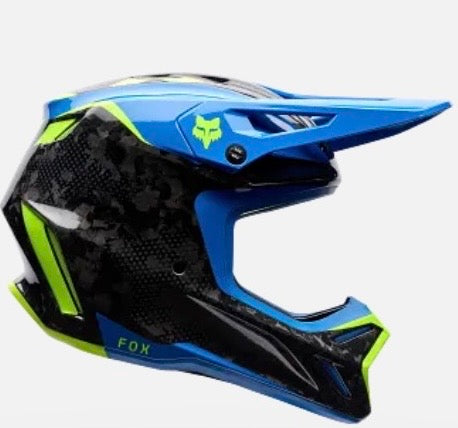 Fox Racing V3 RS Carbon Helmet – Energy / Blue / Lime Green carbon